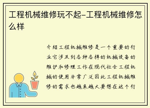 工程机械维修玩不起-工程机械维修怎么样